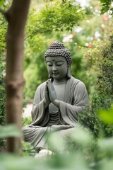 Poster - Serene stone Buddha statue surrounded by lush greenery, promoting a calming atmosphere of peace : Generative AI