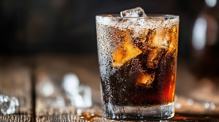 Poster - Refreshing cold drink with ice in a glass on wooden surface capturing the essence of summer relaxation : Generative AI