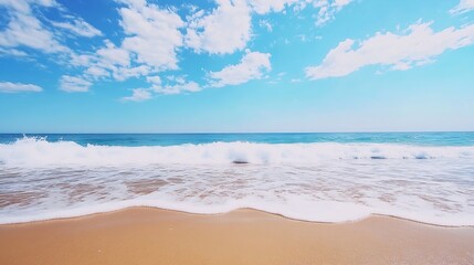 Poster - Stunning Tropical Beach with Clear Blue Sky and Gentle Waves Lapping at Sandy Shore : Generative AI