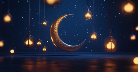 Poster - Ramadan crescent moon, glowing lanterns, starry night, indoor scene