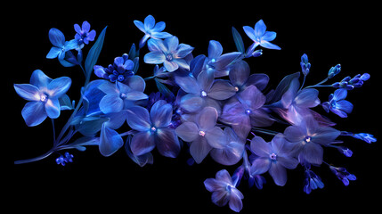 Wall Mural - Mystical floating bouquet of lavender and forget-me-nots suspended in deep space. Floating Luminous Petals. Illustration