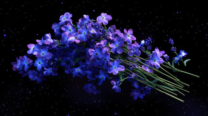 Wall Mural - Mystical floating bouquet of lavender and forget-me-nots suspended in deep space. Floating Luminous Petals. Illustration