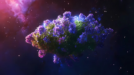 Wall Mural - Mystical floating bouquet of lavender and forget-me-nots suspended in deep space. Floating Luminous Petals. Illustration
