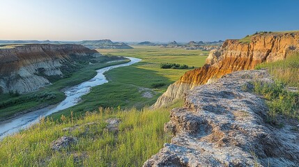 Wall Mural - River valley scenic vista, sunrise, prairie, cliffs