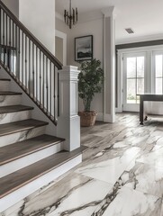 Poster - Modern Home Interior Featuring Elegant Staircase with Stylish Marble Flooring : Generative AI