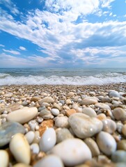 Poster - Serenity at the Shore with Pebbles and Gentle Waves on a Bright Day : Generative AI