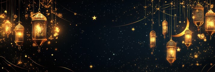 Poster - Golden lanterns hanging in the night sky, stars and crescent moon