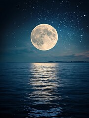 Poster - Stunning full moon illuminated over a calm sea background with a starry night sky creating a serene scene : Generative AI