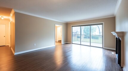 Poster - Spacious modern living room with large window and hardwood floor for inspiring home design ideas : Generative AI