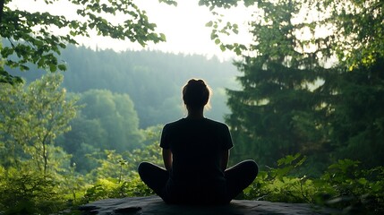 Aufkleber - Silhouette of a person meditating in nature overlooking a beautiful landscape in serene tranquility : Generative AI