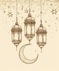Poster - Hanging lanterns, crescent moon, stars, vintage illustration