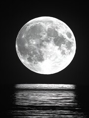 Poster - Stunning full moon reflected in calm ocean waters at night with dramatic black backdrop : Generative AI