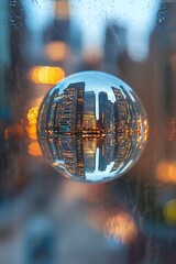 Aufkleber - Modern City Reflections Captured in a Glass Ball with a Twinkling Skyline : Generative AI