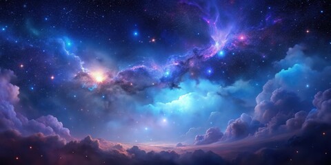 Wall Mural - Celestial Canvas A Dreamlike Nightscape of Purple and Blue Nebulae Adorned with Sparkling Stars above a Sea of Clouds