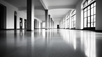 Aufkleber - Minimalist Interior Space Featuring Polished Floors and Large Windows : Generative AI