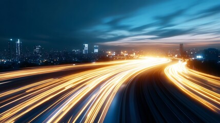 Aufkleber - Night Cityscape with Light Trails from Moving Cars Capturing Urban Energy and Motion : Generative AI