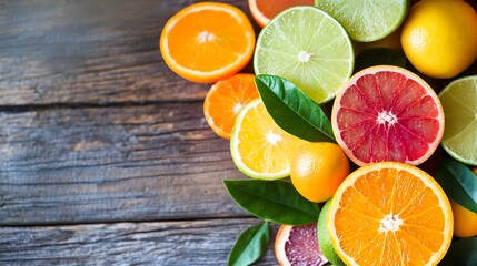 Poster - Vibrant assortment of fresh citrus fruits on rustic wooden surface : Generative AI