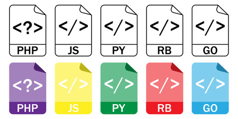 Fototapete - collection of scripting and programming file format icons (php, js, py, rb, go) in outline and color
