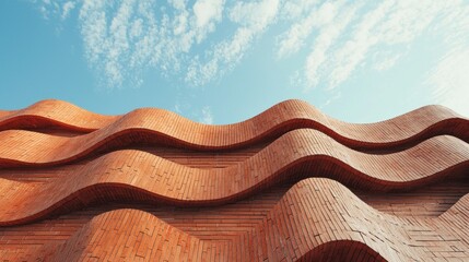 Aufkleber - Captivating curves of a modern building's brick wall reach upward, contrasting beautifully with a clear sky filled with soft, wispy clouds