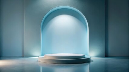 Wall Mural - serene minimalist display platform in a subtle blue room with archway