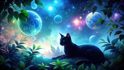 Wall Mural - Serene Black Feline Gazing Upon a Dreamlike Celestial Landscape of Vibrant Planets and Lush Foliage