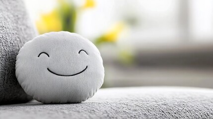 Poster - Cute Smiling Cloud Cushion on Soft Couch Surrounded by Bright Yellow Flowers : Generative AI