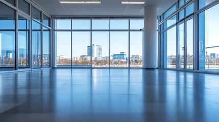Aufkleber - Modern Office Space with Expansive Glass Windows and Sleek Flooring in Bright Daylight : Generative AI