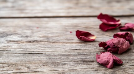 Poster - Fragile beauty of scattered dried rose petals on rustic wood surface creating a romantic and vintage atmosphere : Generative AI