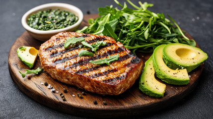 Poster - Grilled meat with avocado and fresh greens on wooden board