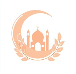 Poster - Elegant Mosque Silhouette within Crescent Moon, Floral Wreath