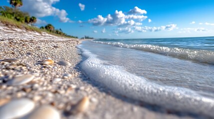 Poster - Tranquil Beach Shoreline with Soft Waves and Seashells : Generative AI