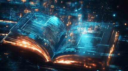 Aufkleber - Open book with glowing digital code and data, representing knowledge and technology