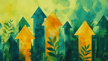 Poster - Abstract growth chart with upward arrows, lush foliage background