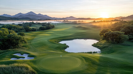 Wall Mural - Aerial view of lush golf course at sunrise with mountains in background