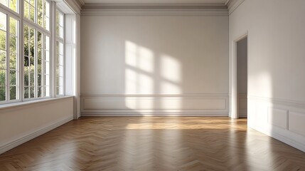 Aufkleber - Bright and airy empty room with wooden floor and large windows casting shadows : Generative AI