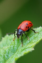 Poster - Close Up of a Red Beetle on Green Leaf Showcasing Nature's Beauty and Details : Generative AI