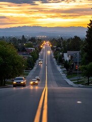 Poster - Scenic sunset view of city street with glowing lights and mountains in the background : Generative AI