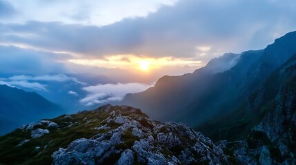 Poster - Breathtaking Mountain Sunset Over Hills and Clouds Captured at Dusk : Generative AI