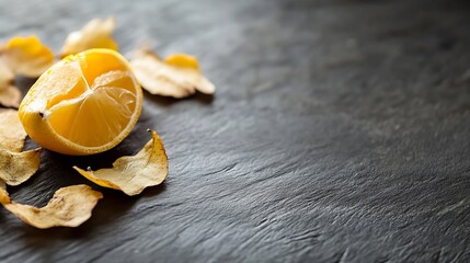 Poster - Fresh Lemon Slices and Dried Petals on a Dark Slate Surface : Generative AI