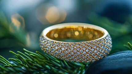Aufkleber - Elegant Gold Ring Embedded with Sparkling Diamonds Resting on a Stone Surrounded by Nature : Generative AI