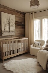 Aufkleber - Cozy Nursery Room Featuring Wooden Crib and Soft Natural Lighting from Windows : Generative AI