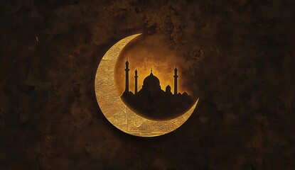 Poster - Golden Crescent Moon Mosque Silhouette