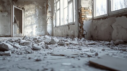 Poster - Decaying Urban Interior with Crumbled Debris and Dilapidated Walls Abandoned Space : Generative AI