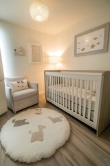 Poster - Modern Nursery Design Featuring A Cozy Crib and Soft Lighting for Baby Comfort : Generative AI