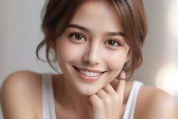 Wall Mural - A woman with brown hair and brown eyes is smiling