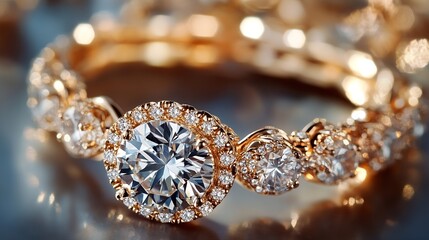 Poster - Close Up of Elegant Gold Ring with Brilliant Diamonds Set Against a Glittering Dark Background : Generative AI