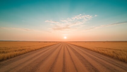 Canvas Print - Road stretches to sunset horizon over dry land, evoking travel, freedom, and end-of-day contemplation