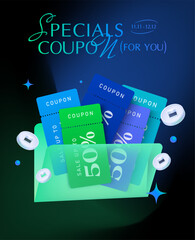 3d folder of coupons with coupon code, price off, coins flying around, isolated on dark background w