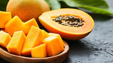 Aufkleber - Fresh Ripe Papaya Slices and Whole Fruit Showcasing Tropical Freshness : Generative AI