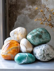 Poster - Colorful Decorative Stones with Dried Flowers on Grey Surface : Generative AI